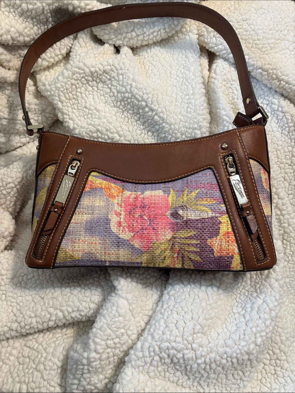 Atienne Vintage Brown Leather-Trim Floral Shoulder Bag with Pink Accent